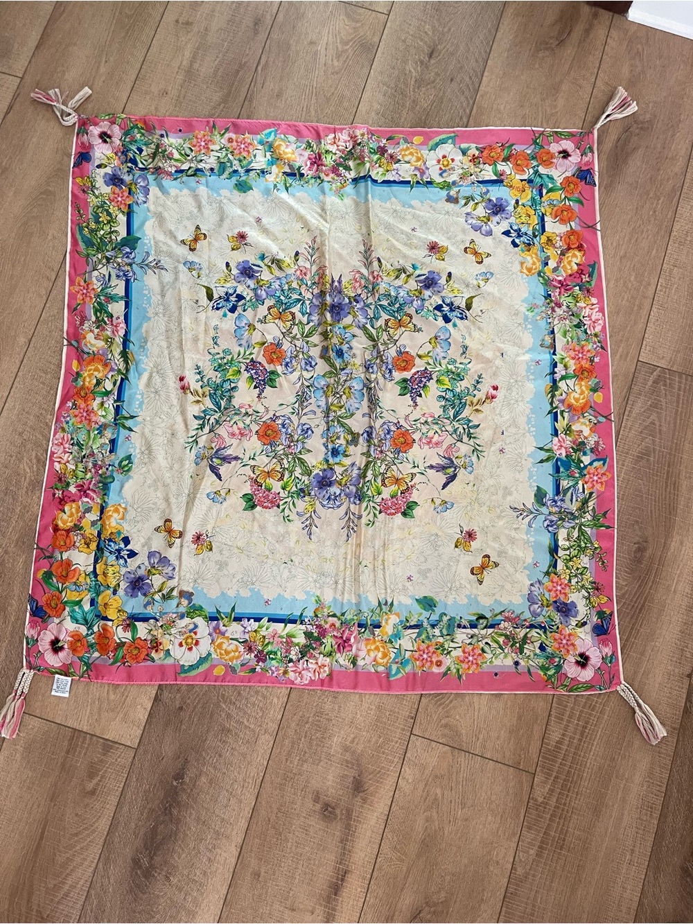 Johnny Was Pink Border Floral Square Silk Scarf with Multicolor Botanical Print